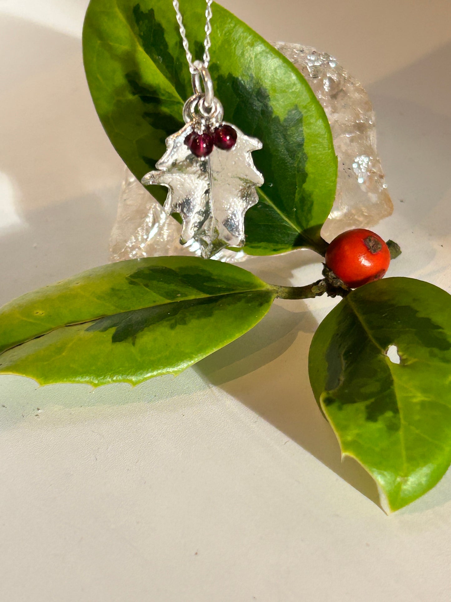 Silver Holly Leaf Pendant with garnets