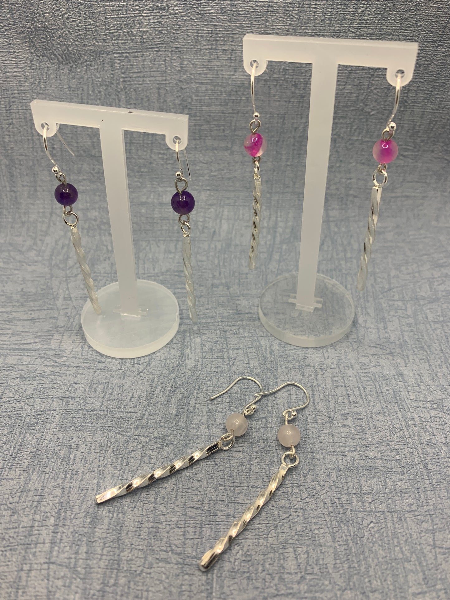Handmade sterling silver long twisted earrings with amethyst, rose quartz and pink quartz