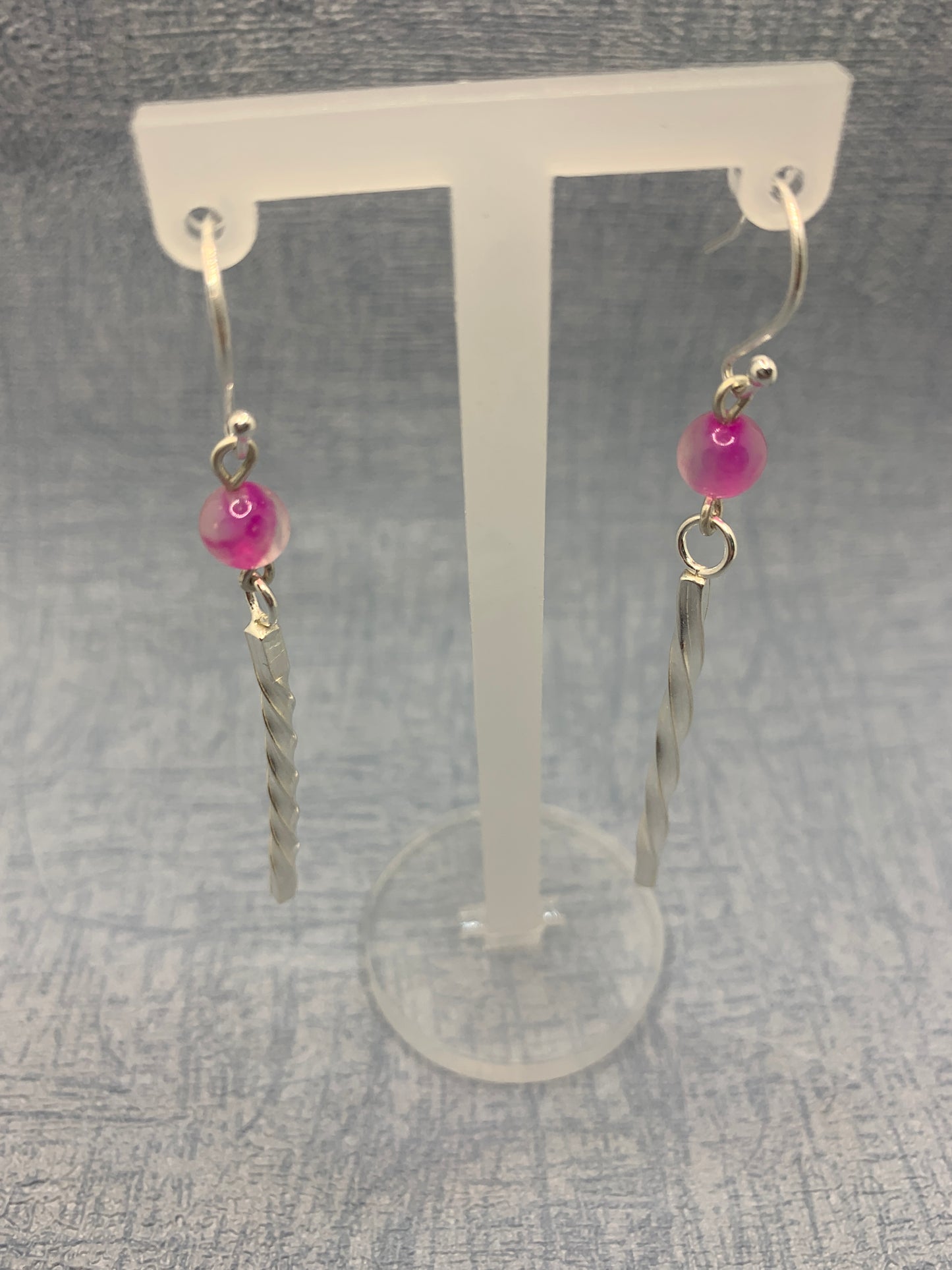 Handmade sterling silver long twisted earrings with pink quartz