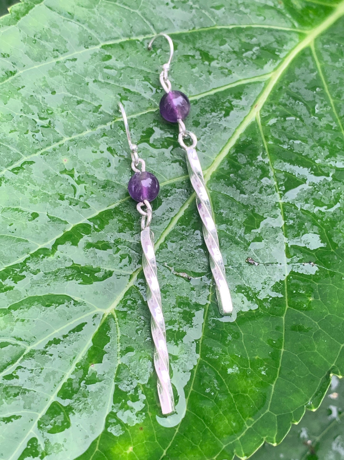Handmade sterling silver long twisted earrings with amethyst