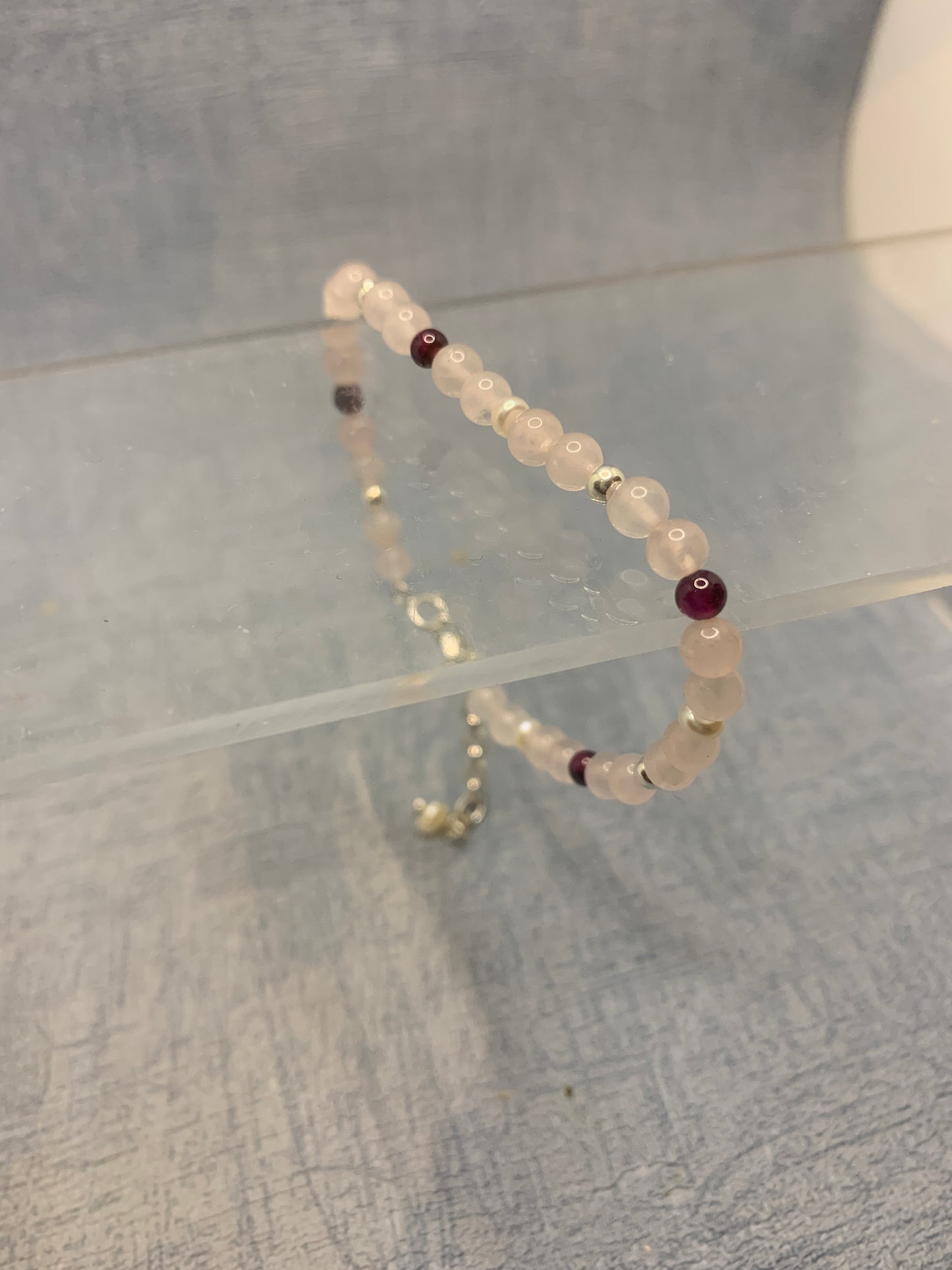 rose quartz, garnet and pearl gemstone bracelet with sterling silver