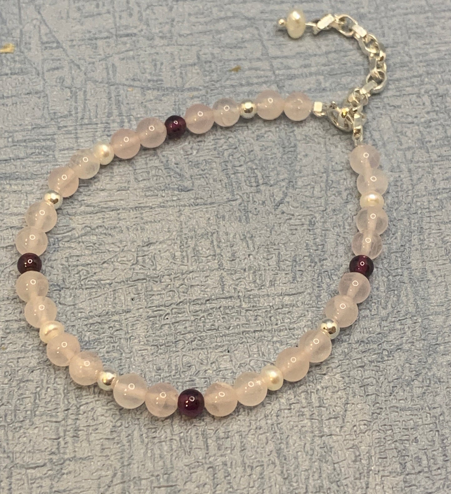 rose quartz, garnet and pearl gemstone bracelet with sterling silver