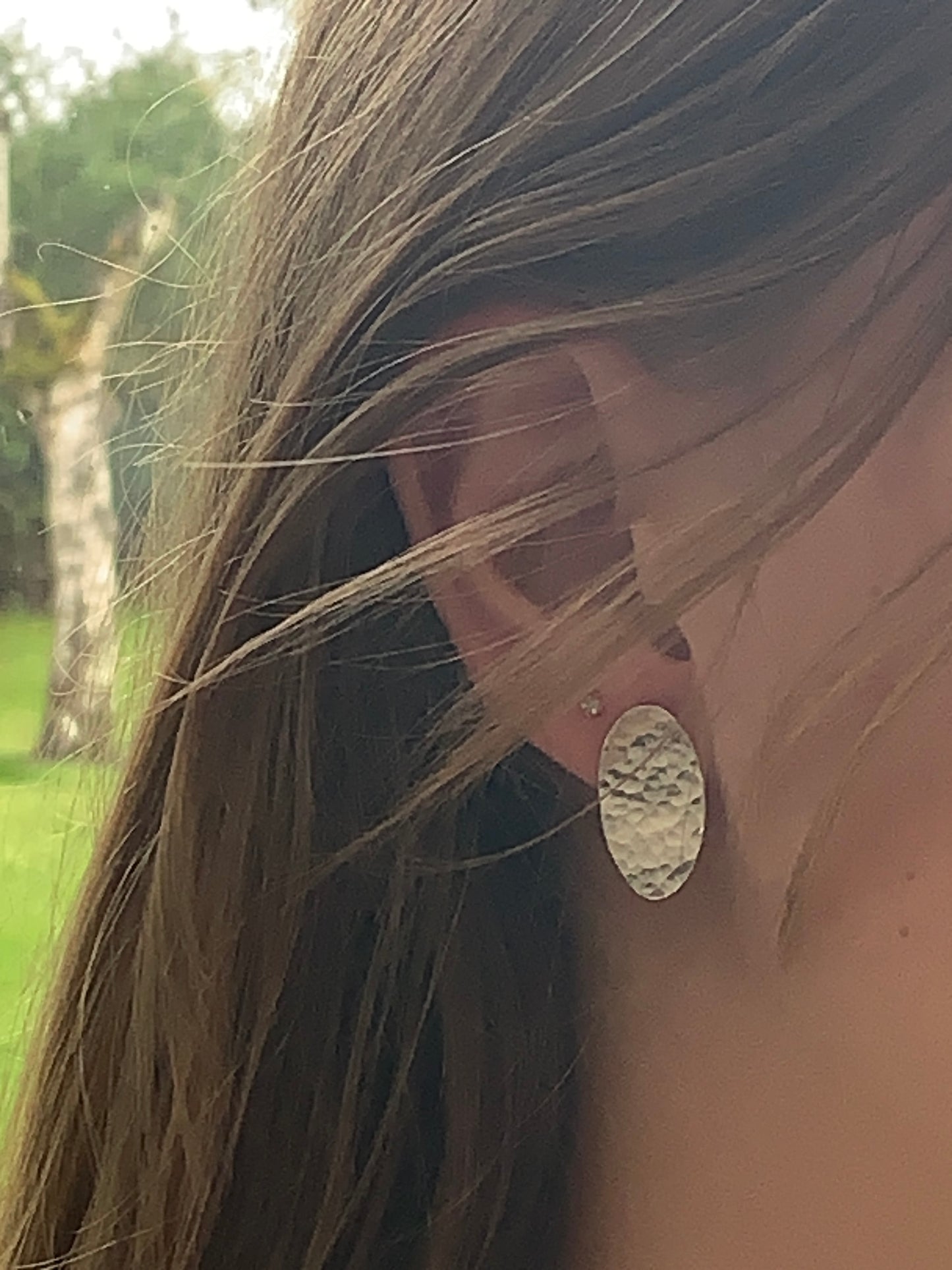 Handmade sterling silver oval hammered earrings