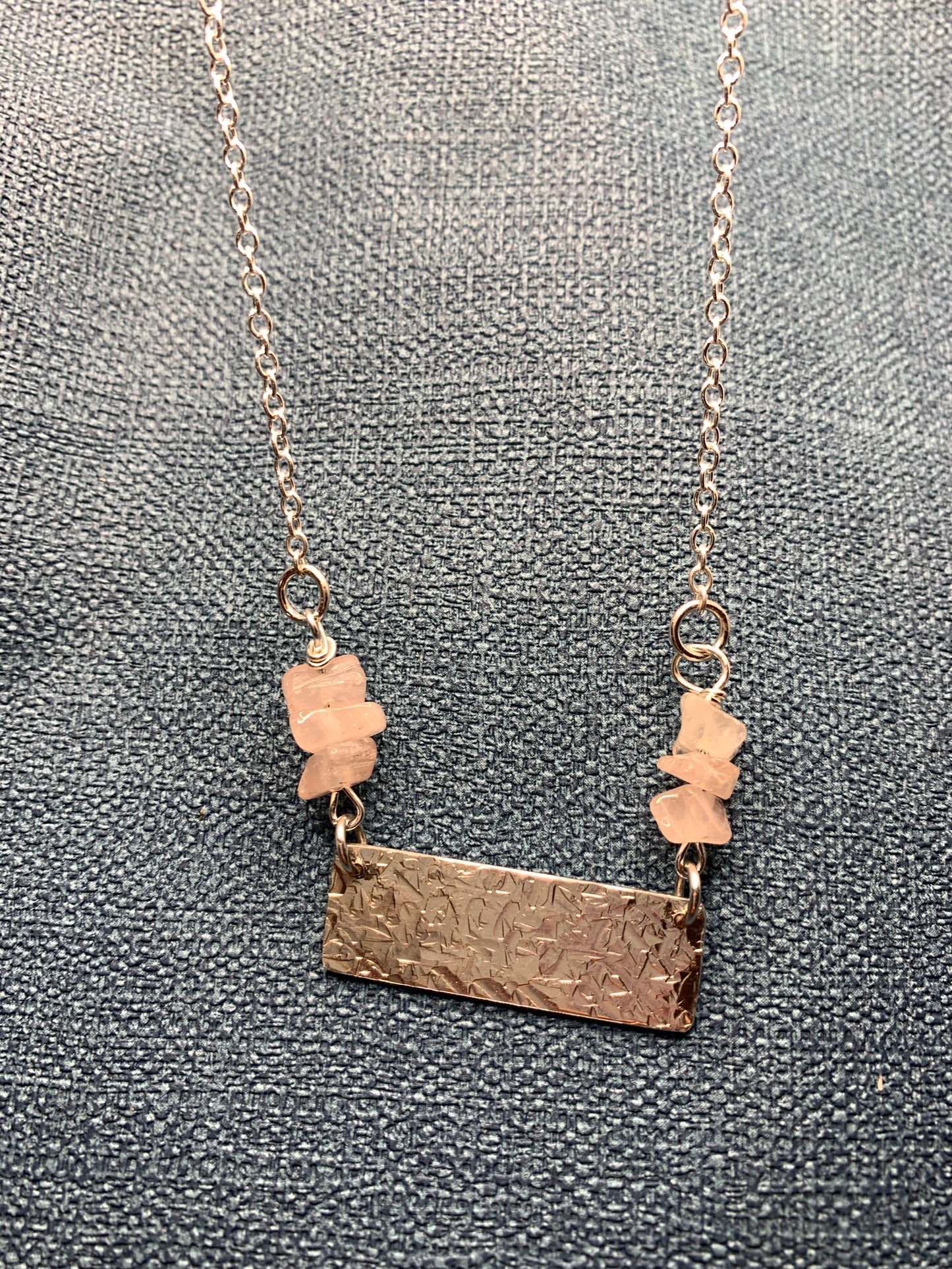 Handmade sterling silver hammered bar necklace with rose quartz