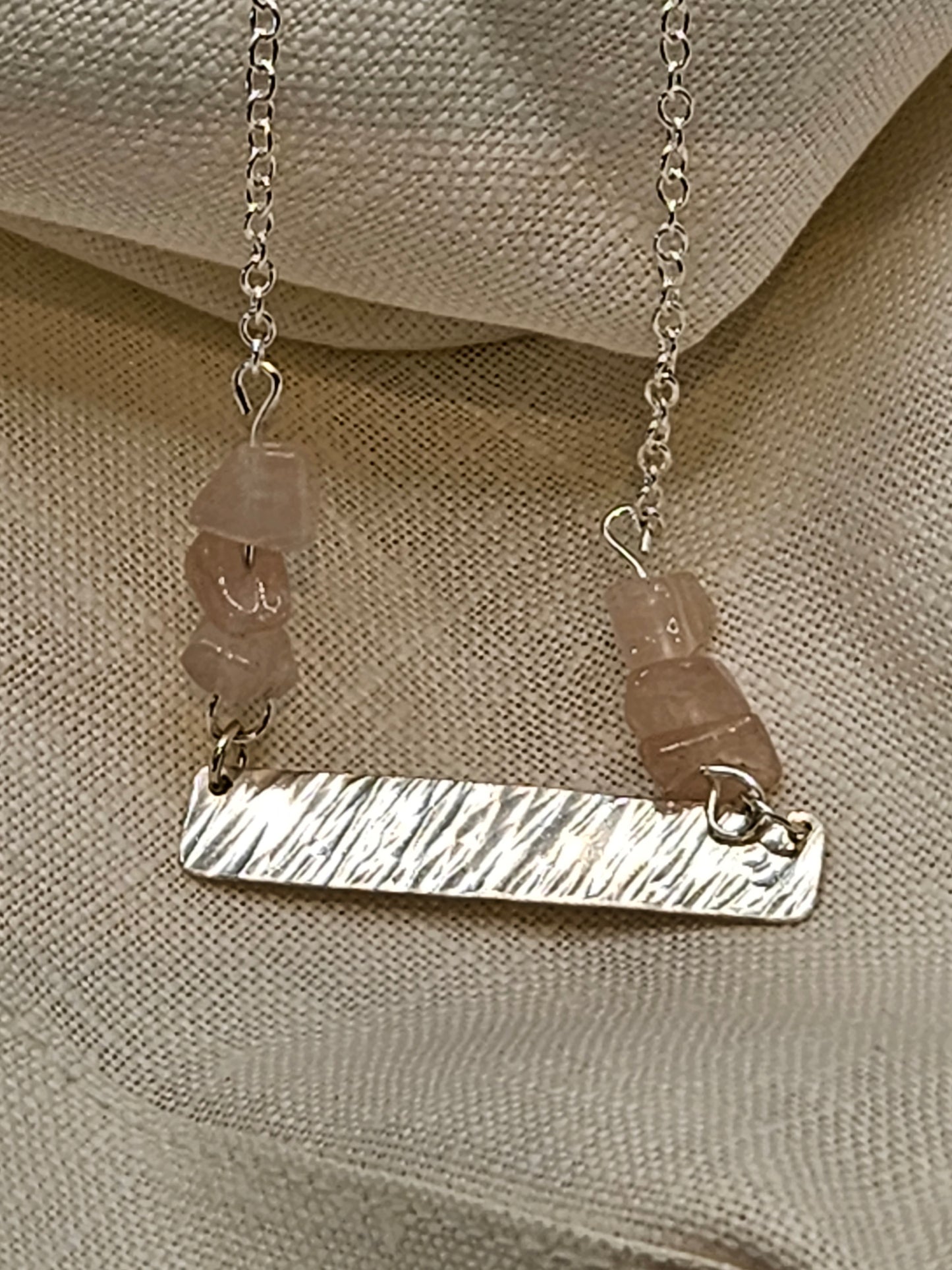 Handmade sterling silver hammered bar necklace with rose quartz
