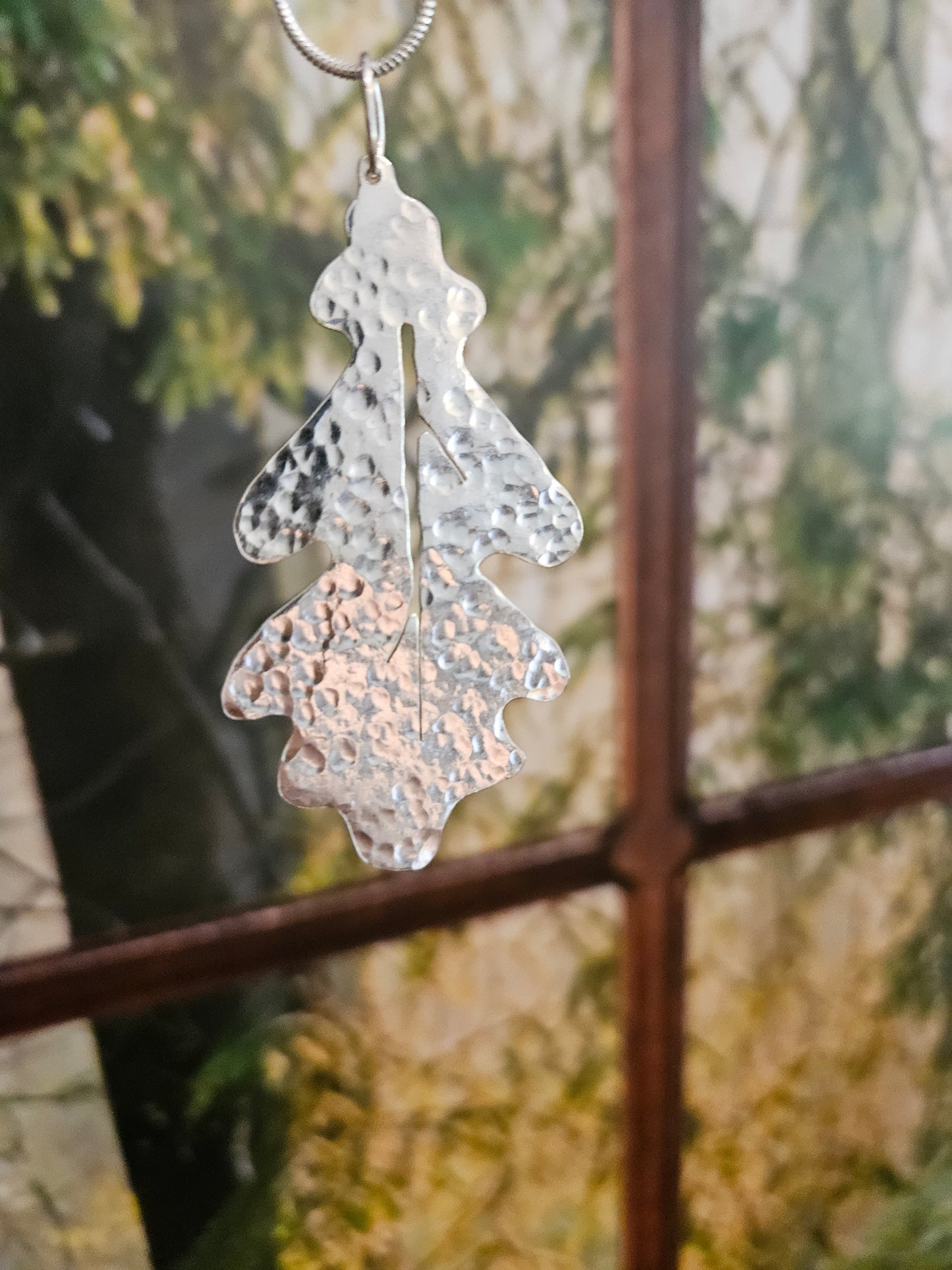 Handmade sterling silver hammered oak leaf pendant