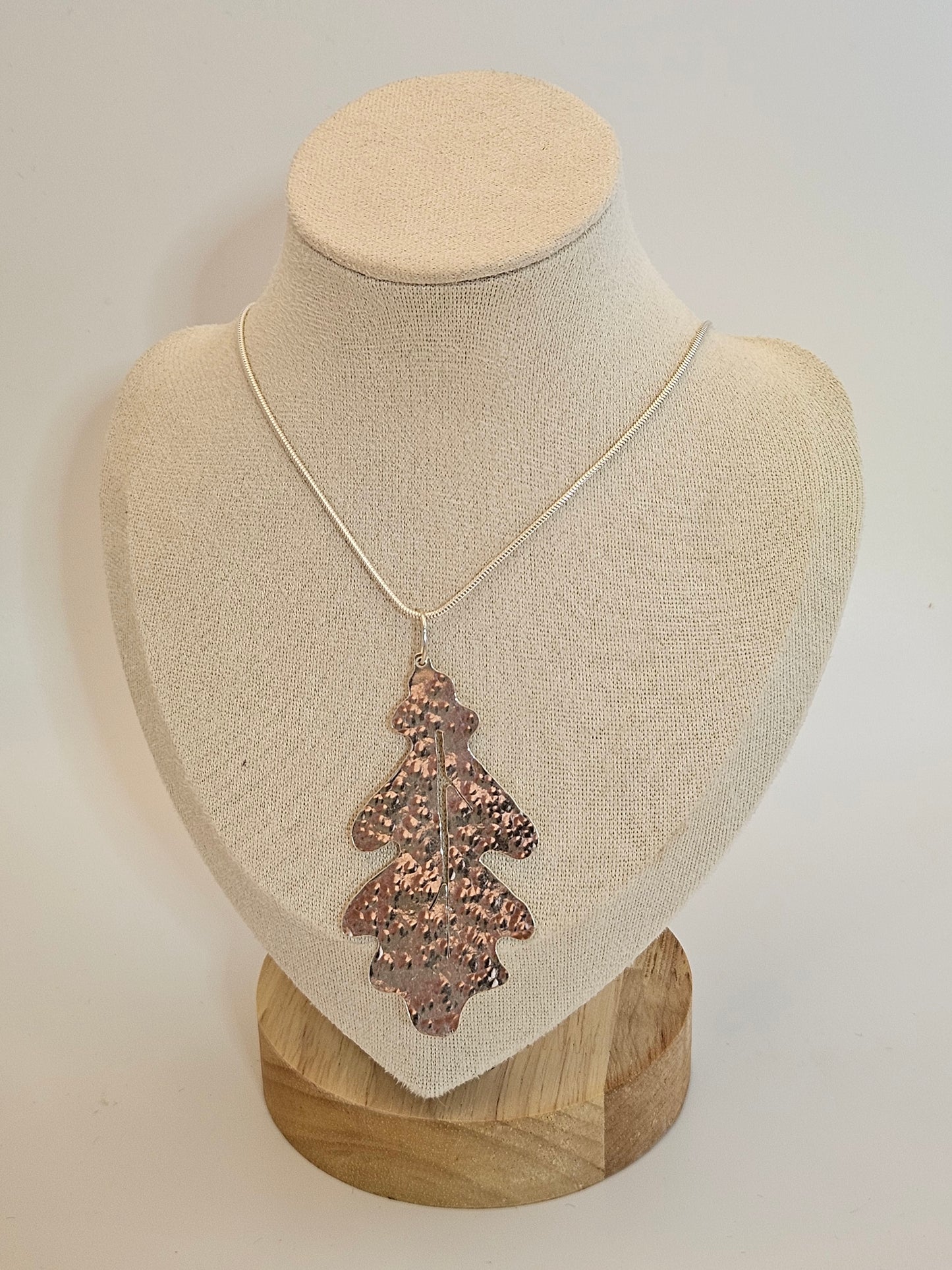 Handmade sterling silver hammered oak leaf pendant