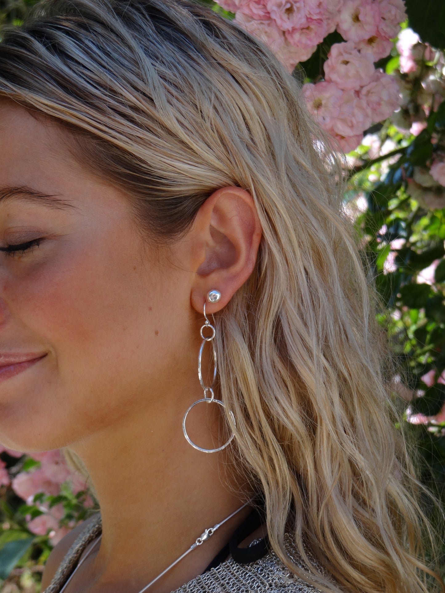 Handmade sterling silver large circle long earrings