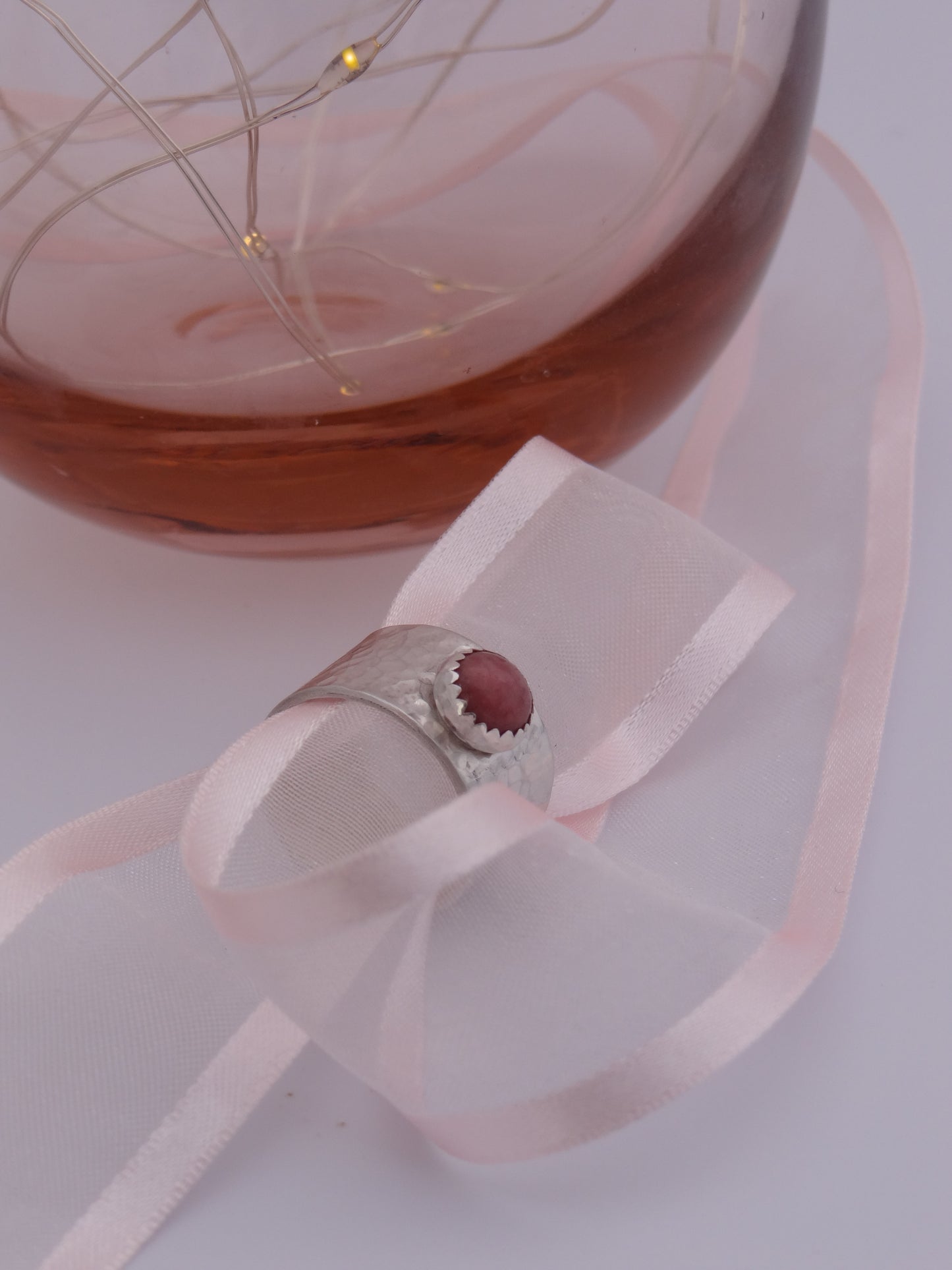 Handmade sterling silver hammered wide ring with rhodochrosite gemstone