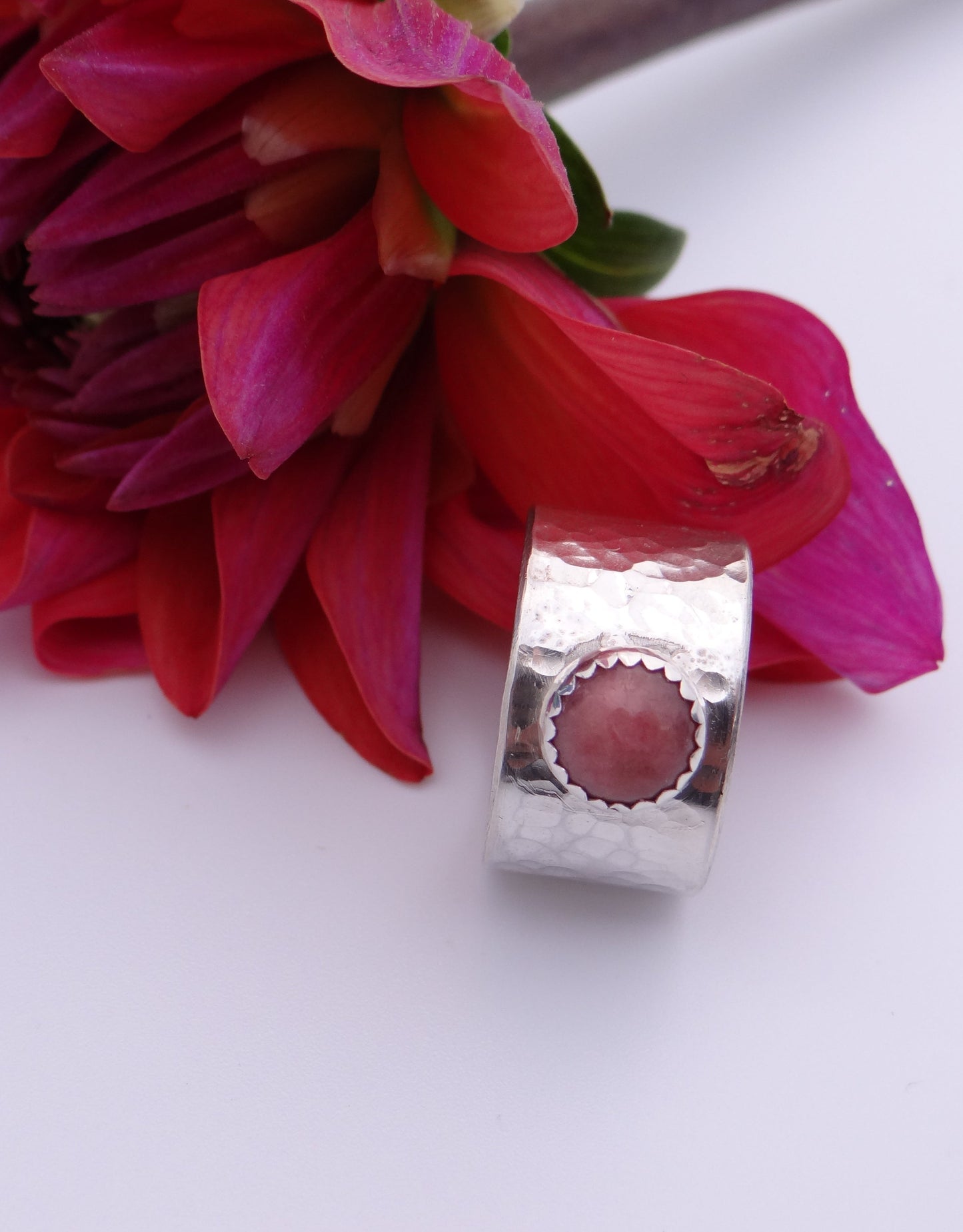 Handmade sterling silver hammered wide ring with rhodochrosite gemstone