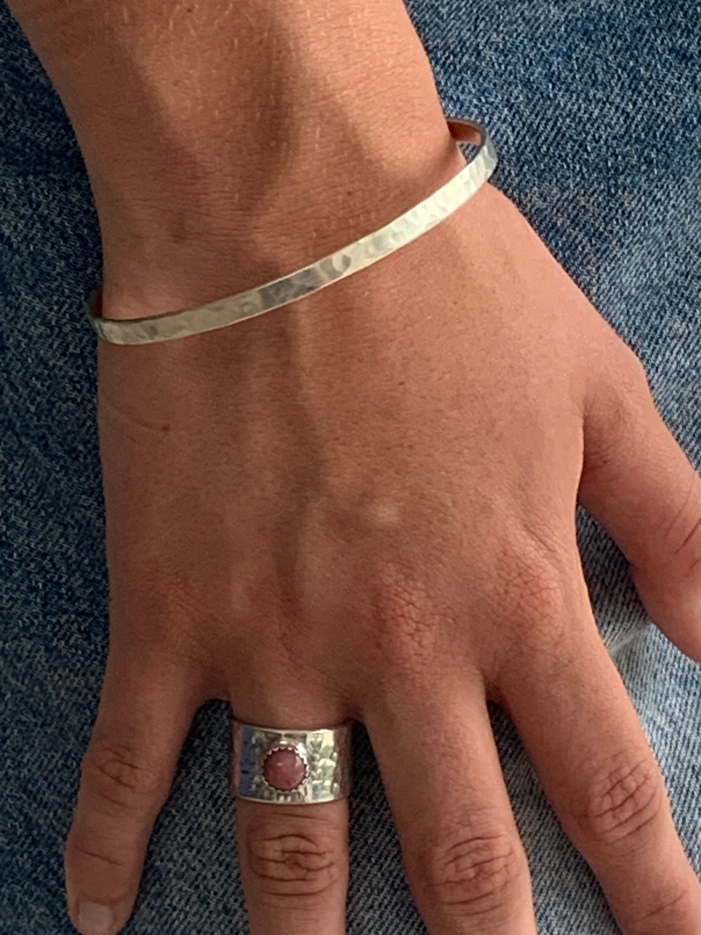 Handmade sterling silver hammered wide ring with rhodochrosite gemstone and hammered bangle