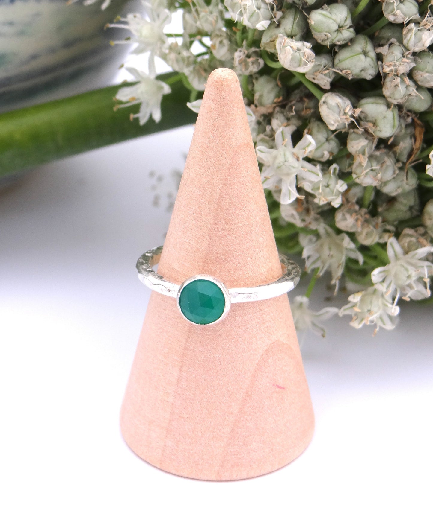 Handmade sterling silver delicate ring with green onyx