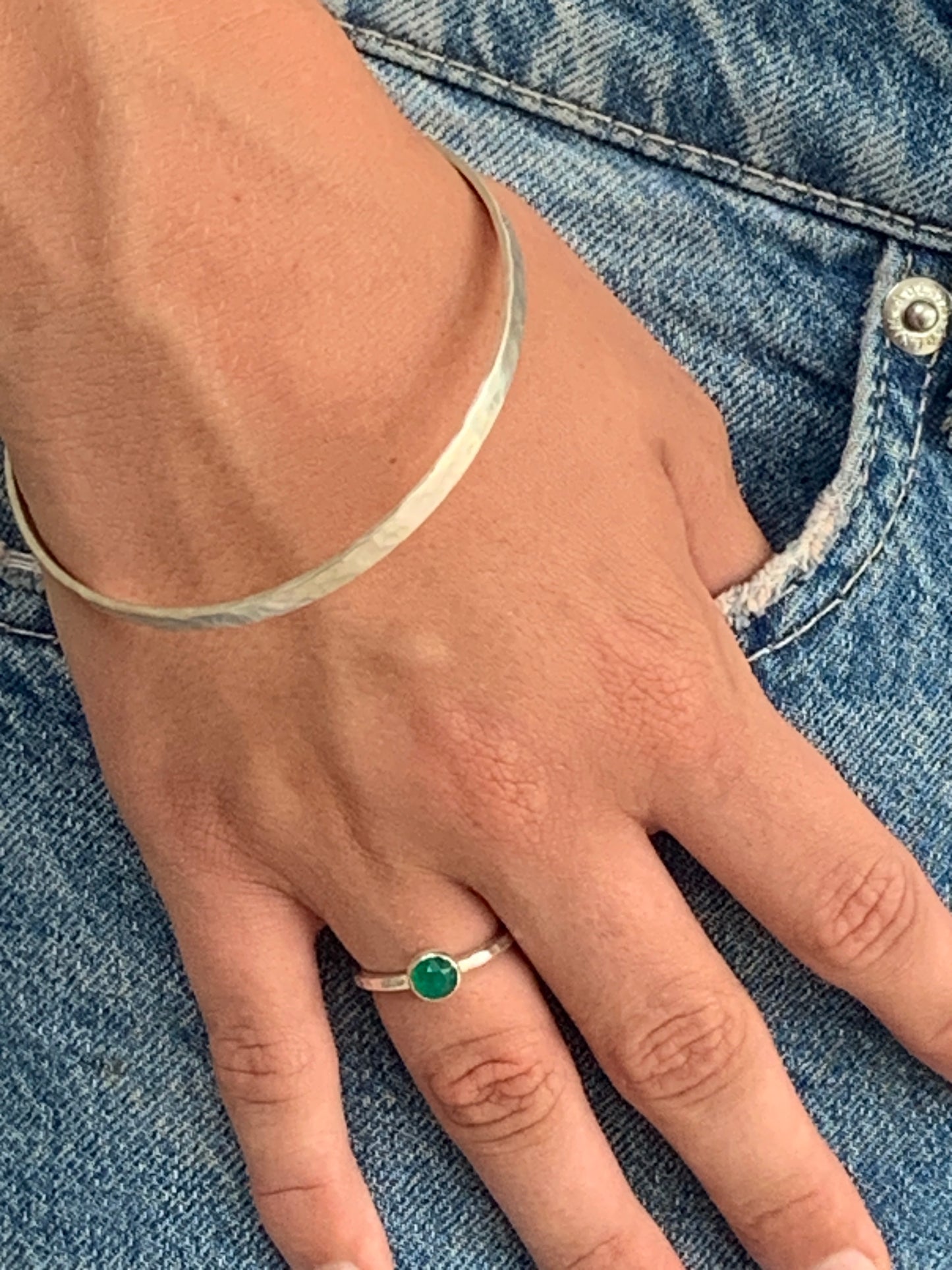 Handmade sterling silver delicate ring with green onyx. Handmade sterling silver hammered bangle