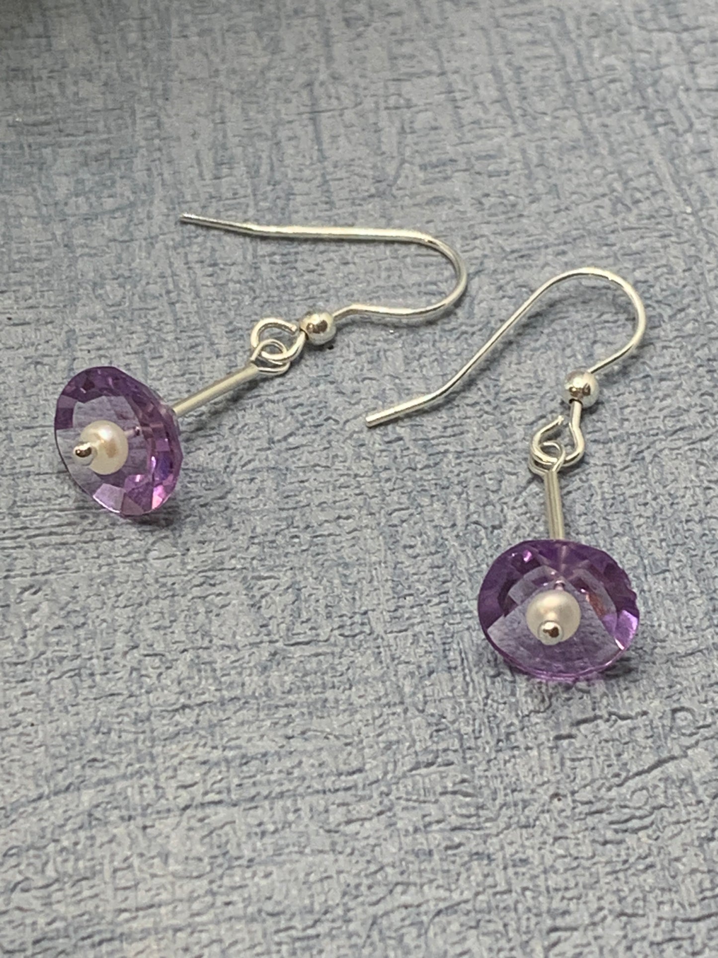 Dangly sterling silver earrings with amethyst and pearls