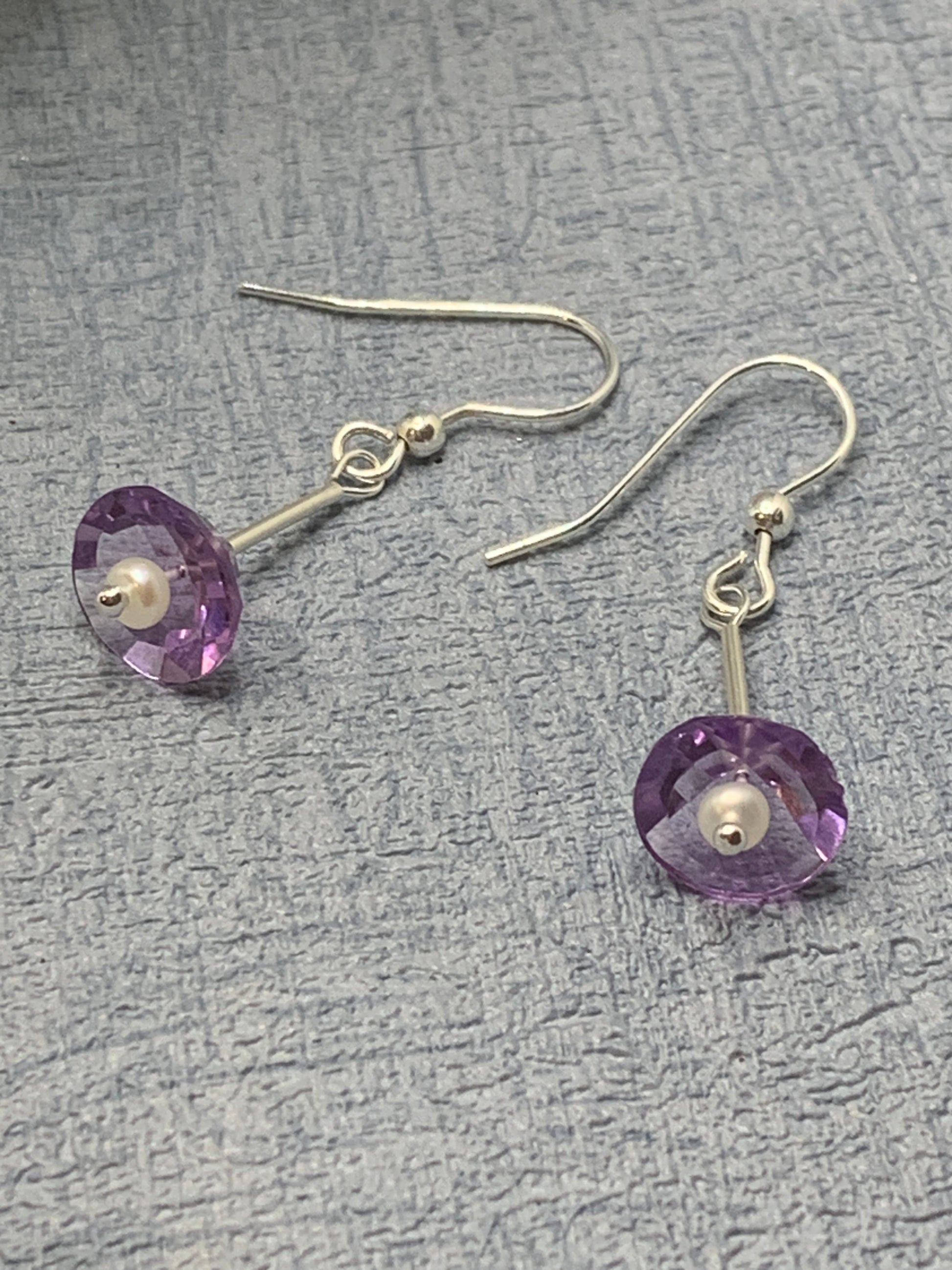 Dangly sterling silver earrings with amethyst and pearls