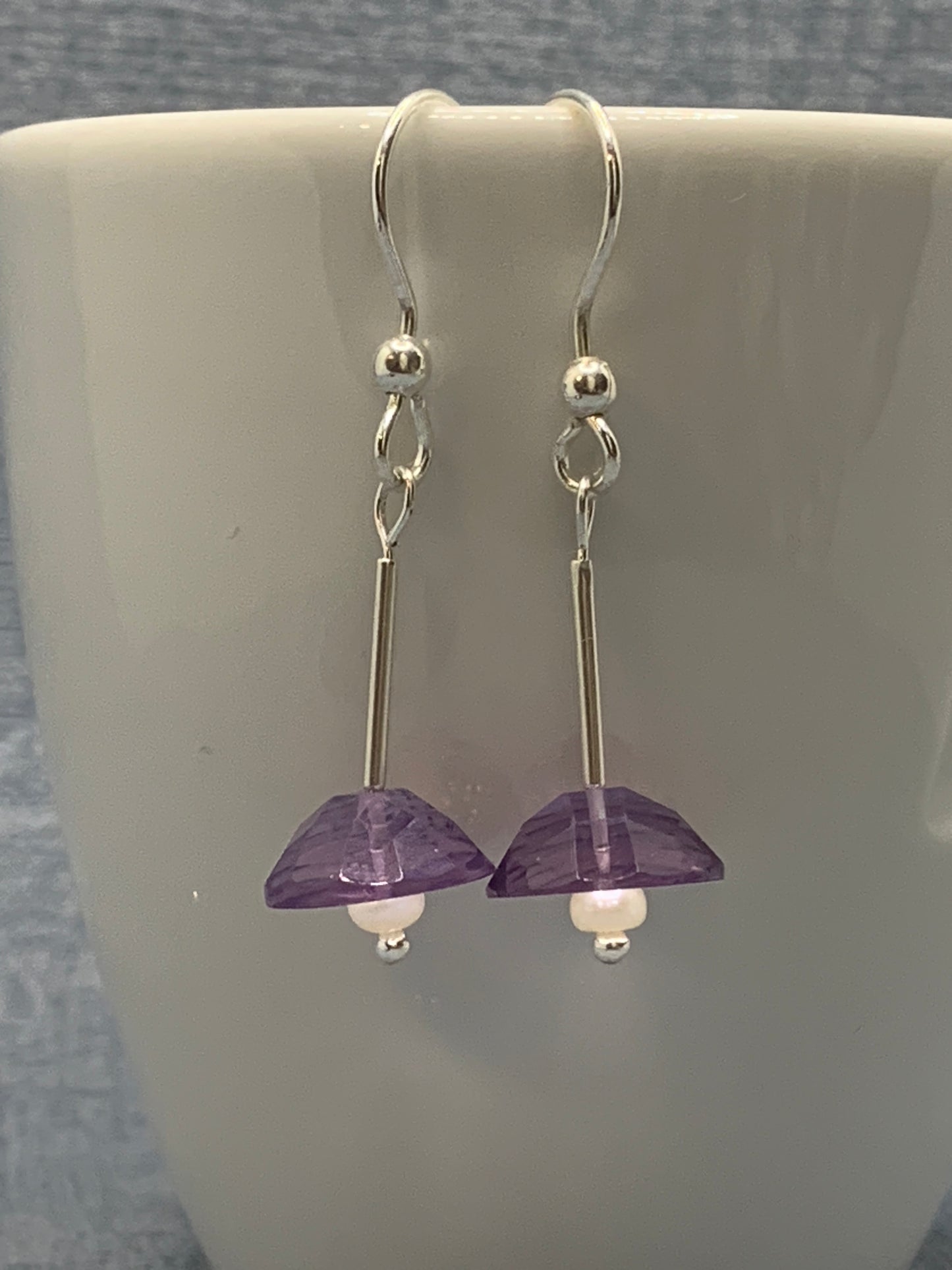 Handmade sterling silver earrings with amethysts and pearls