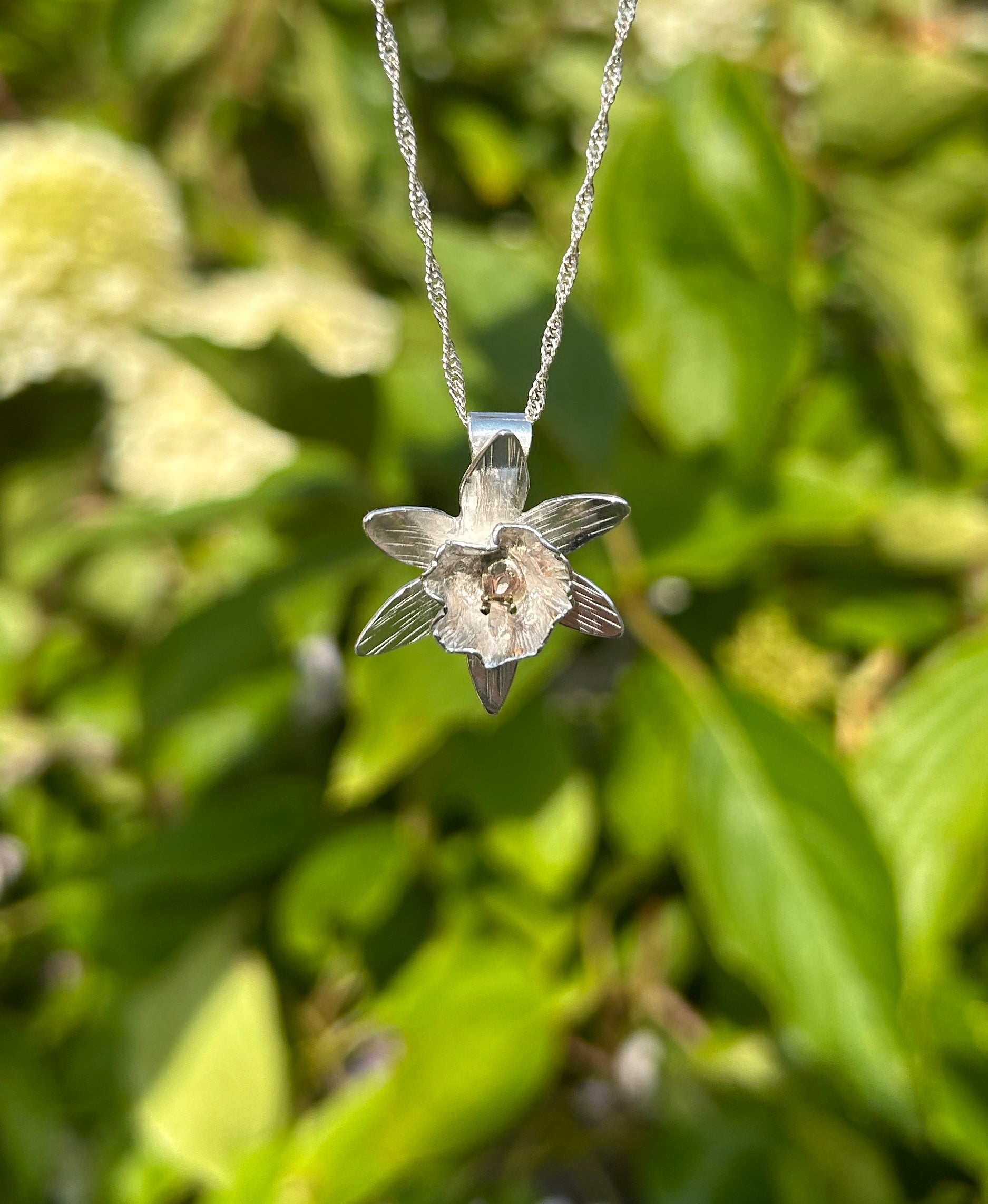 Handmade sterling silver daffodil pendant