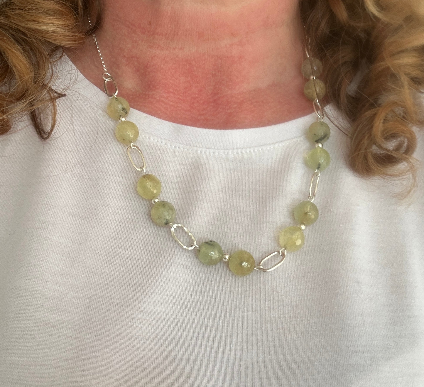 Handcrafted Prehnite and silver link necklace