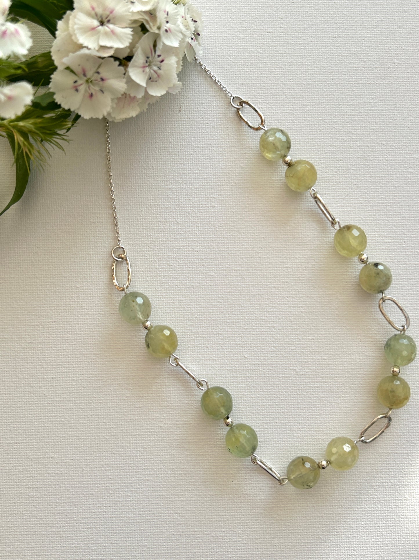 Handcrafted Prehnite and silver link necklace