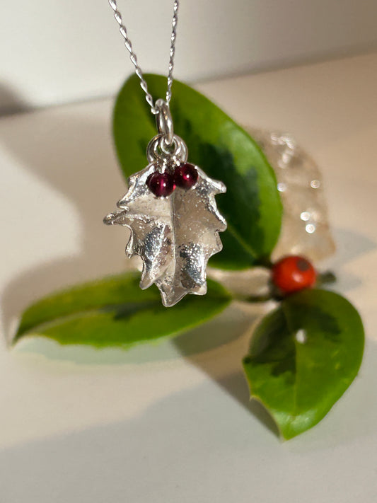 Silver Holly Leaf Pendant with garnets