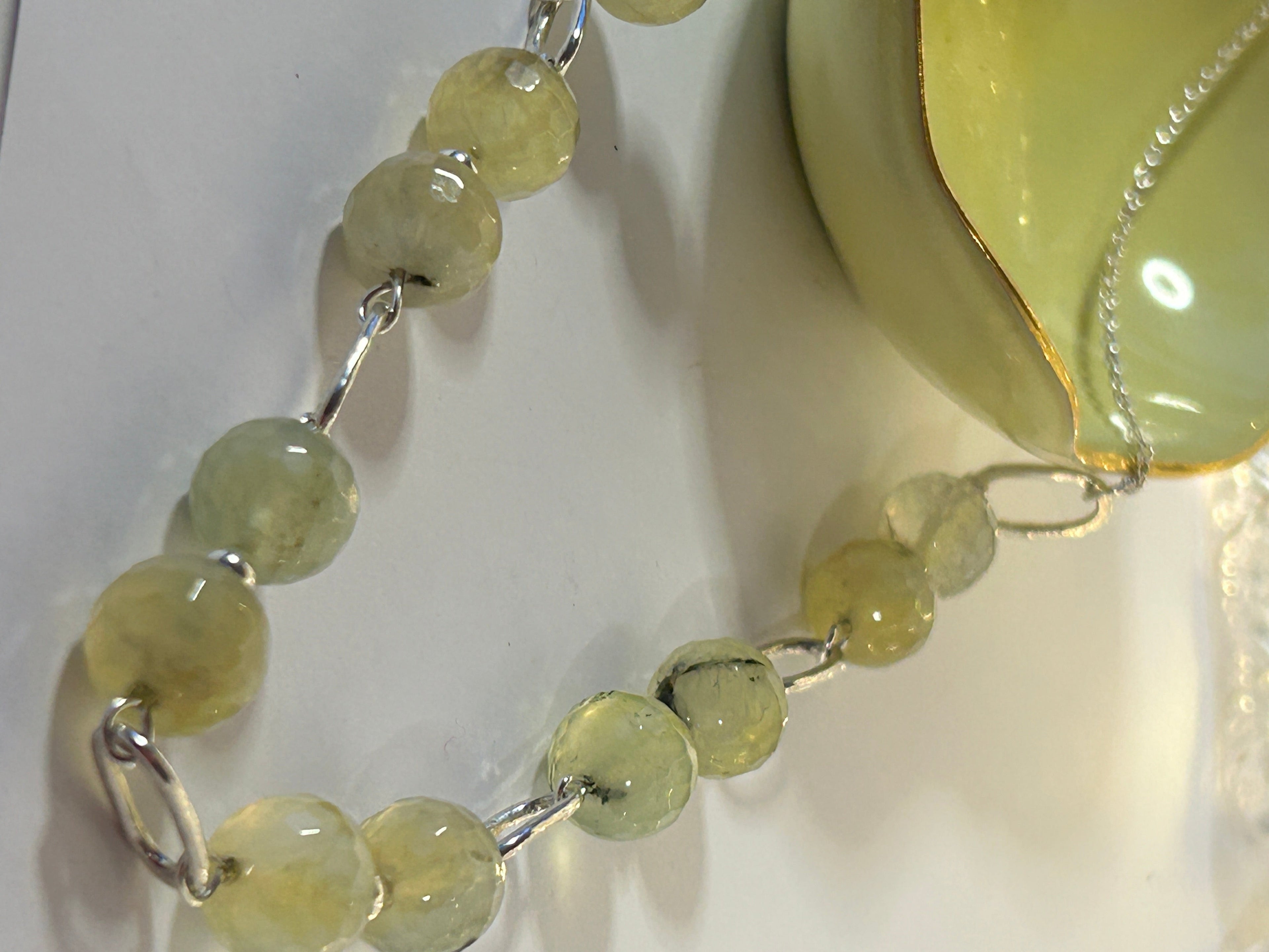 Necklace with light green Prehnite beads and silver links