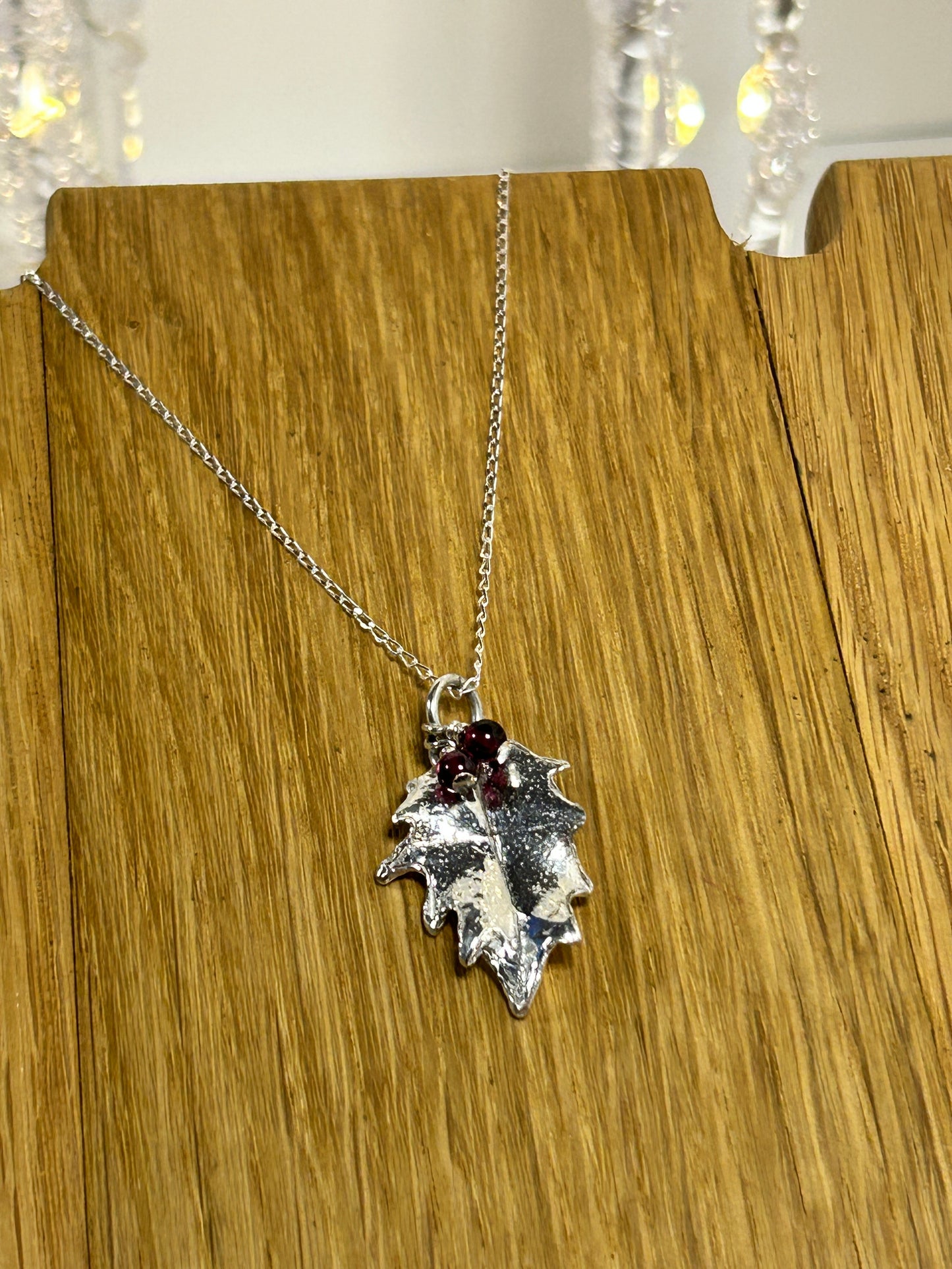Silver Holly Leaf Pendant with garnets