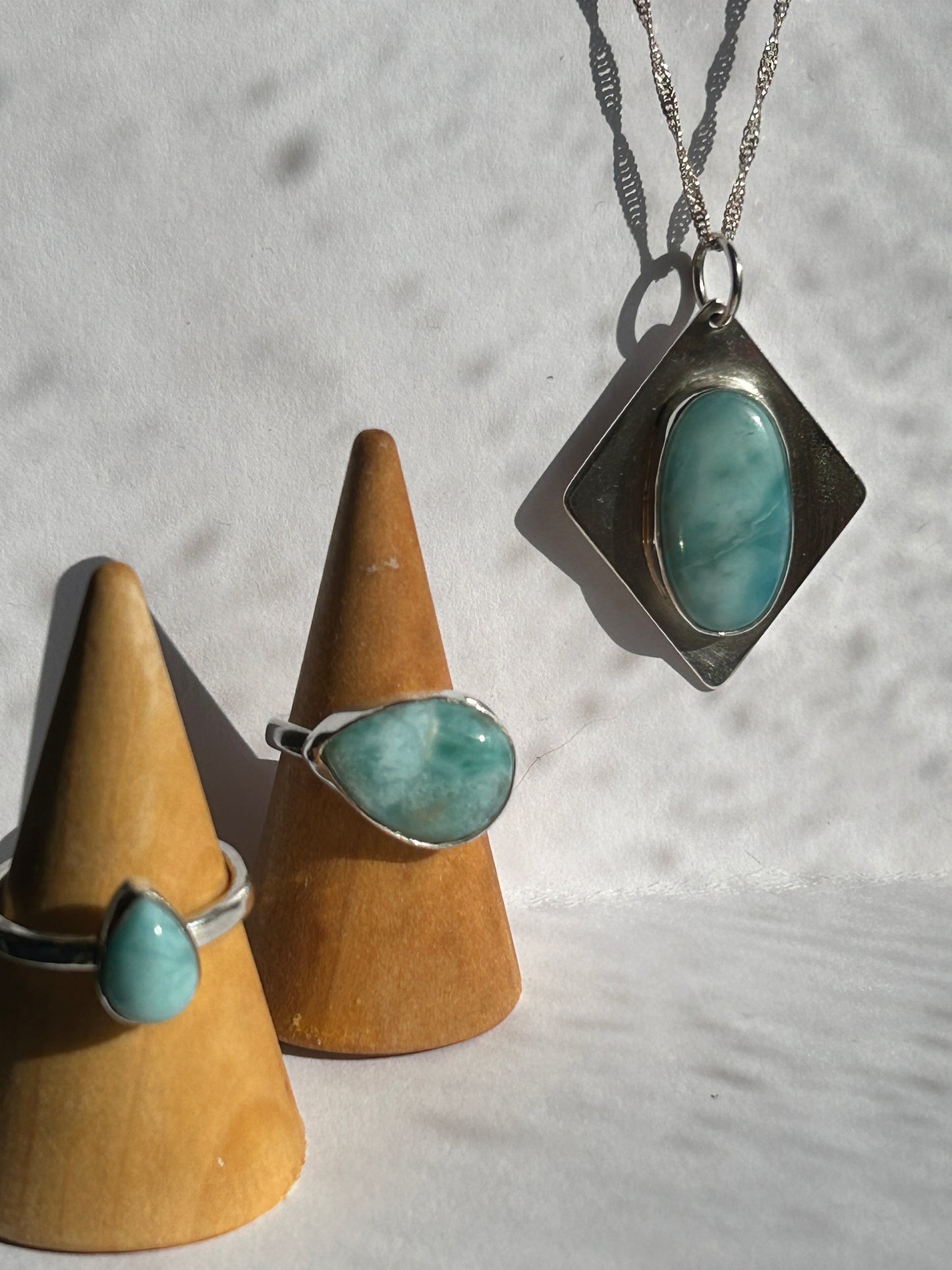 Handmade sterling silver Larimar Pendant and rings from A Pop of Colour Collection 