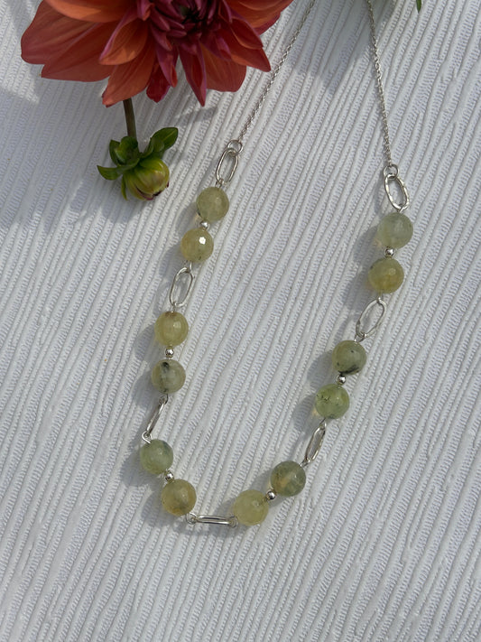 sterling silver necklace made of handcrafted silver links and prehnite gemstones