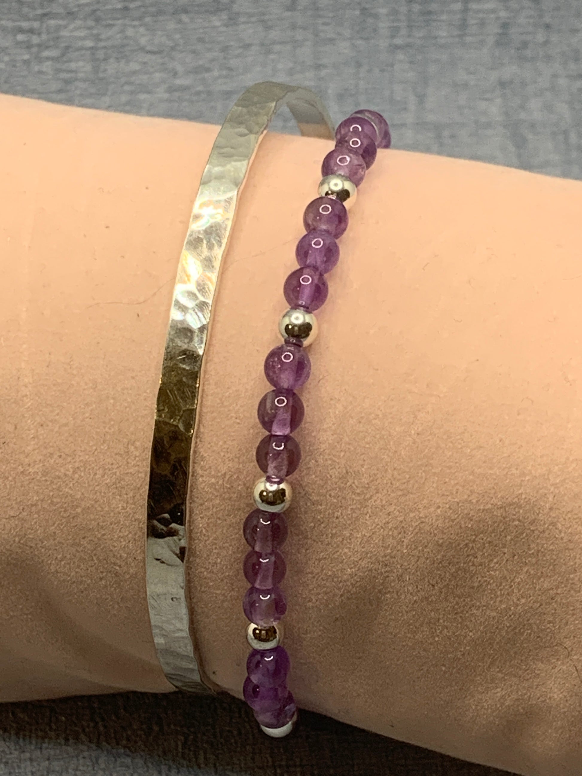 Amethyst and silver gemstone bracelet with a handmade hammered sterling silver bangle