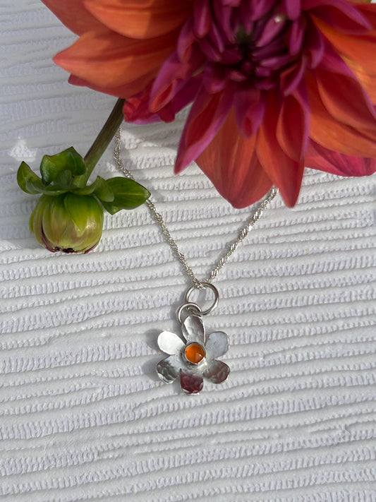 Handcrafted sterling silver flower pendant with carnelian stone
